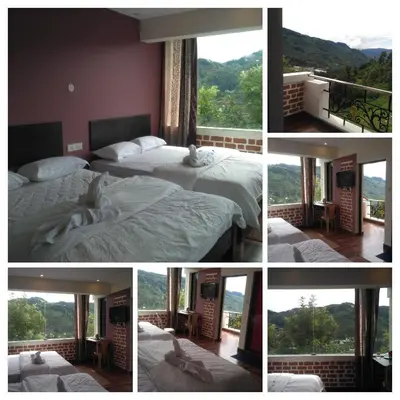 a collage of photos of a bedroom with two beds at The Meadows in Kodaikānāl