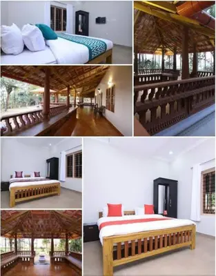 a collage of four pictures of a bedroom at Wayal Wayanad Farm Resort in Panamaram