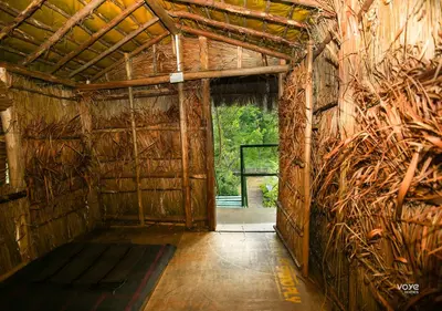 an inside view of a barn with an open door at Moonlight Munnar Forest Bungalow with Private Waterfalls by VOYE HOMES in Kanthalloor