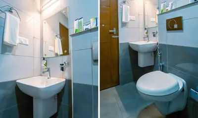two pictures of a bathroom with a toilet and a sink at Treebo Sree Varshavilas Regency, 500 Mtrs From Guruvayoor Temple in Guruvāyūr