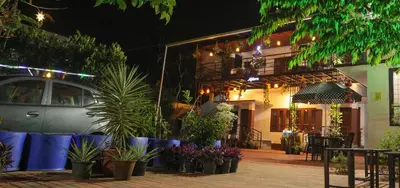 a patio with potted plants and a building at night at Aldora Holiday Homes in Vythiri