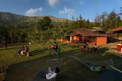a group of people sitting in hammocks in a yard at Zostel Homes Wayanad, Thirunelly in Wayanad