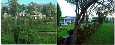 two pictures of a house and a yard with a tree at Parisons Plantation Experiences by Abad in Mananthavady