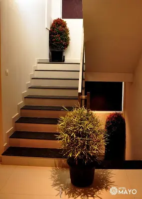 a staircase with potted plants in a building at Hotel Mayo in Wayanad