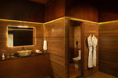 a bathroom with a sink and a toilet and a mirror at Au Revoir Wellness Resort, Malampuzha in Palakkad