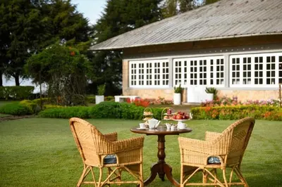 two chairs and a table in a yard at Ama Stays and Trails Tea Estate Bungalows , Munnar in Munnar