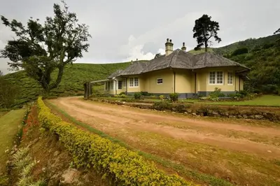 a house on a dirt road next to a field of flowers at Ama Stays and Trails Tea Estate Bungalows , Munnar in Munnar