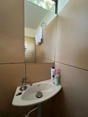 a bathroom with a sink and a mirror at Casita Greens in Kondotti