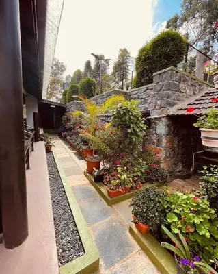 a garden with potted plants on a patio at Radosri in Coonoor