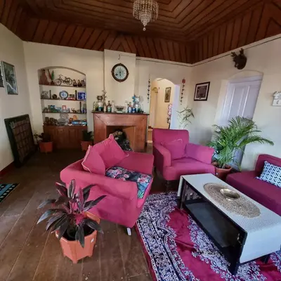 a living room with pink couches and a fireplace at Zeus Bungalow in Kotagiri