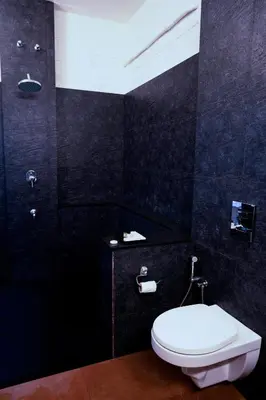 a bathroom with a white toilet and a black wall at S RIVER RESORTS in Cochin