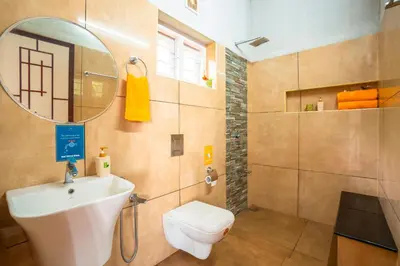 a bathroom with a sink and a mirror and a toilet at Zostel Homes Wayanad, Karapuzha in Wayanad