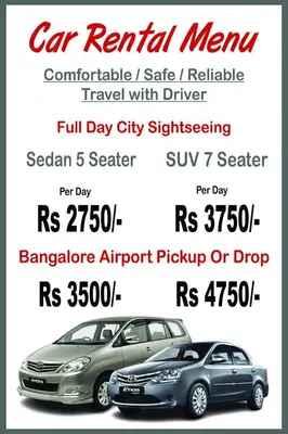 two cars on a flyer for a car rental menu at Xcel Luxury Hotel Apartments-Home Living Redefined in Mysore