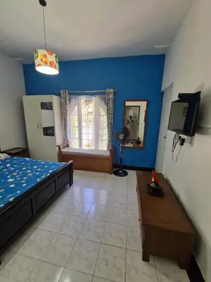 a bedroom with blue walls and a bed and a tv at Narmada Holiday Home in Ooty