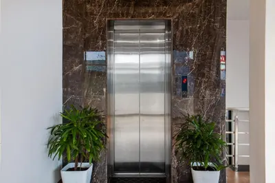 an elevator in a building with two potted plants at Treebo Sans Sarav Kushalnagar, 10 mins to Nisargadhama Island in Madikeri