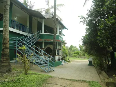a green building with stairs in front of it at JUNGLE PARADISE FARM & GUEST HOUSE in Masinagudi
