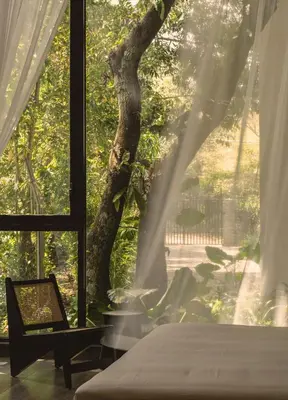 a room with a window with a table and a tree at Flora Vythiri Resort Wayanad in Vythiri