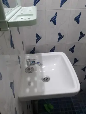 a white sink in a bathroom with blue birds on the wall at Toms Villa along National highway Thrissur at Nadathara in Trichūr