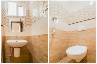 two pictures of a bathroom with a toilet and a sink at HOTEL LEMONADE in Coimbatore