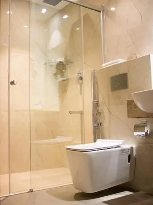 a bathroom with a toilet and a glass shower at THE RUNWAY HOTEL in Cochin