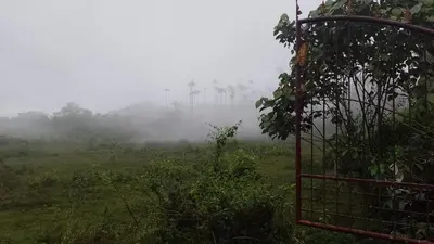 a foggy field with an iron gate in a field at Chilly Coorg in Virajpet