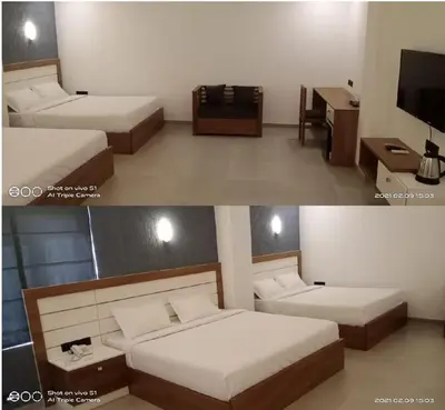 two pictures of a room with two beds and a tv at Ashirvad Lawns Hotel & Convention Centre in Kozhikode
