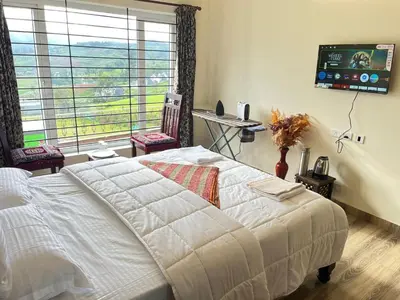a bedroom with a white bed and a large window at Mysterious mountain in Ooty