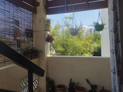 a window with potted plants in a room at A Chettinad villa in Coimbatore on the way to Adiyogi and nearer to Maruthamalai in Coimbatore