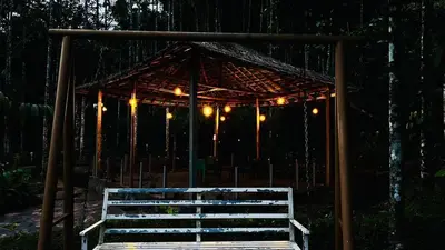 a gazebo with lights and a bench at night at Cave Valley Wayanad in Ambalavayal