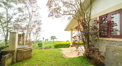 a house with a window and a bench in the grass at The Orange Home in Kotagiri