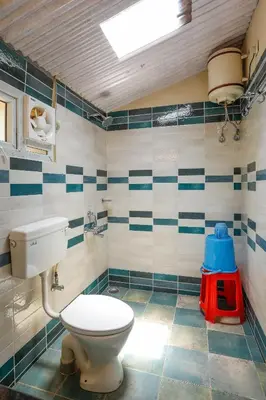a bathroom with a toilet and blue and white tiles at DEVASHOLA HOMESTAY in Coonoor