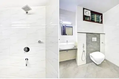 two pictures of a bathroom with a toilet and a sink at PPH Living TriColours Hotel Gandhipuram in Coimbatore
