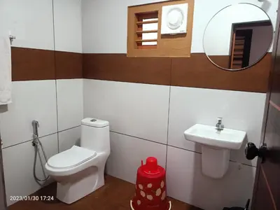 a bathroom with a toilet and a sink and a mirror at Divine View Holyday Home (Homestay) in Kalpetta