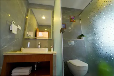 a bathroom with a sink and a toilet and a mirror at Vrindhavan Farm Suites in Kanthalloor