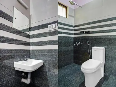 two pictures of a bathroom with a toilet and a sink at Shalom Palace Residency in Neriyamangalam