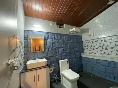 a bathroom with a sink and a toilet and a stone wall at Mercara Aloft in Madikeri