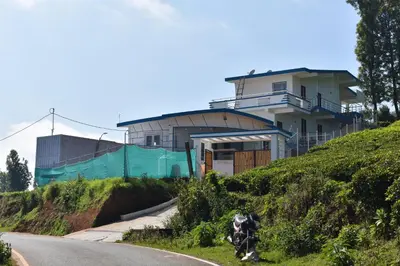 a cow sitting on the side of a road next to a house at DIAMOND HILL VIEW in Ketti