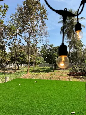 two lights hanging over a field of green grass at Rustic Village Farmhouse in Bengaluru