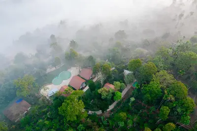 an aerial view of a house in the middle of a forest at Crystal Kuruva Nature Resort & Spa in Wayanad