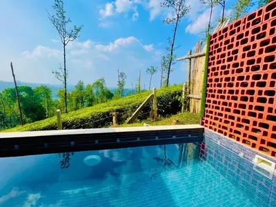 a swimming pool in front of a brick wall at Mayflower Holiday Villa in Meppādi