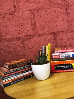 a potted plant sitting on a table next to books at Amberleaf Estate 4BHK Homestay Coorg by Homeyhuts in Virajpet