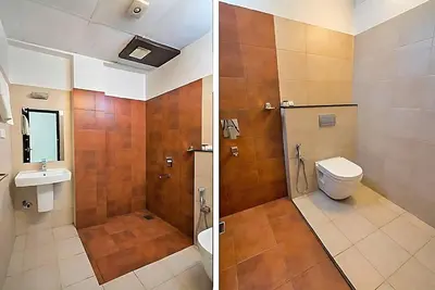 two pictures of a bathroom with a toilet and a sink at Mist Wayanad in Wayanad