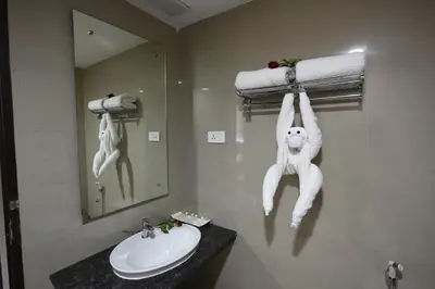 a bathroom with a towel monkey hanging on the wall at Hotel LandmarK Coimbatore in Coimbatore