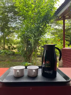 a tray with a coffee pot and two cups on it at Wild Valley Club in Masinagudi
