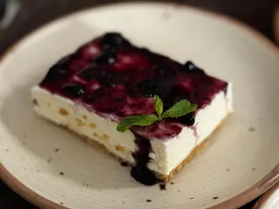a piece of blueberry cheesecake on a white plate at Bendheka - Cliff Front Cottages Coorg in Gonikoppal