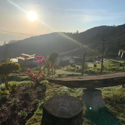 a bench sitting on top of a hill with the sunset at DWELLINGTON in Kotagiri